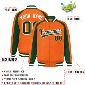 Custom Orange Green Varsity Full-Snap Color Block Personalized Raglan Sleeves Letterman Jacket