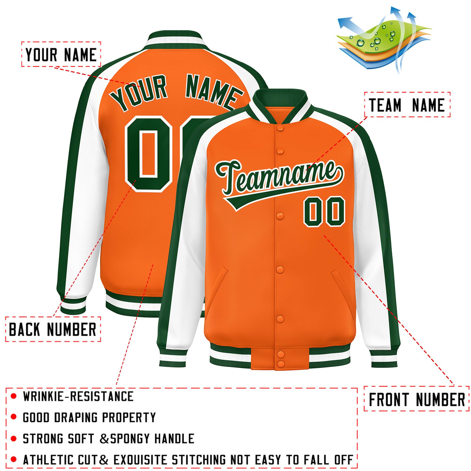 Custom Orange White Varsity Full-Snap Color Block Personalized Raglan Sleeves Letterman Jacket