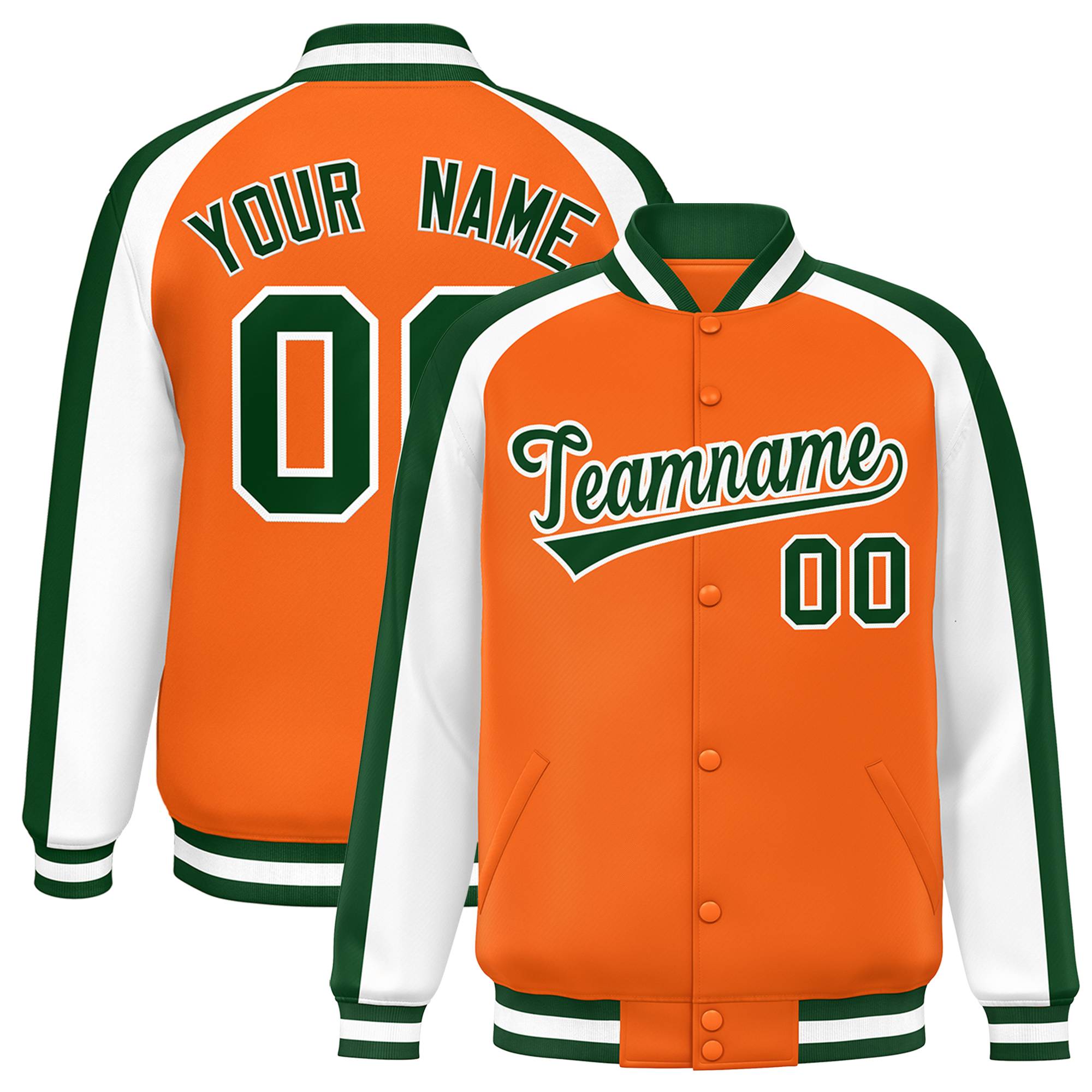 Custom Orange White Varsity Full-Snap Color Block Personalized Raglan Sleeves Letterman Jacket