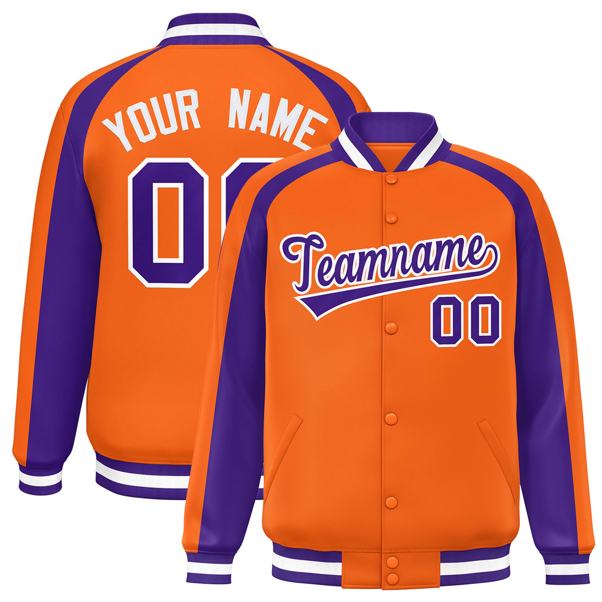 Custom Orange Purple Varsity Full-Snap Color Block Personalized Raglan Sleeves Letterman Jacket