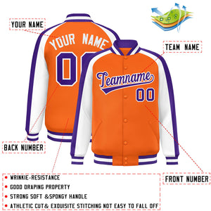 Custom Orange White Varsity Full-Snap Color Block Personalized Raglan Sleeves Letterman Jacket