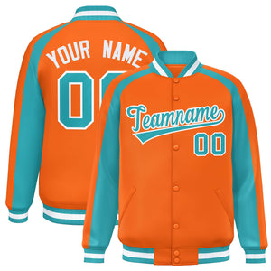 Custom Orange Aqua Varsity Full-Snap Color Block Personalized Raglan Sleeves Letterman Jacket