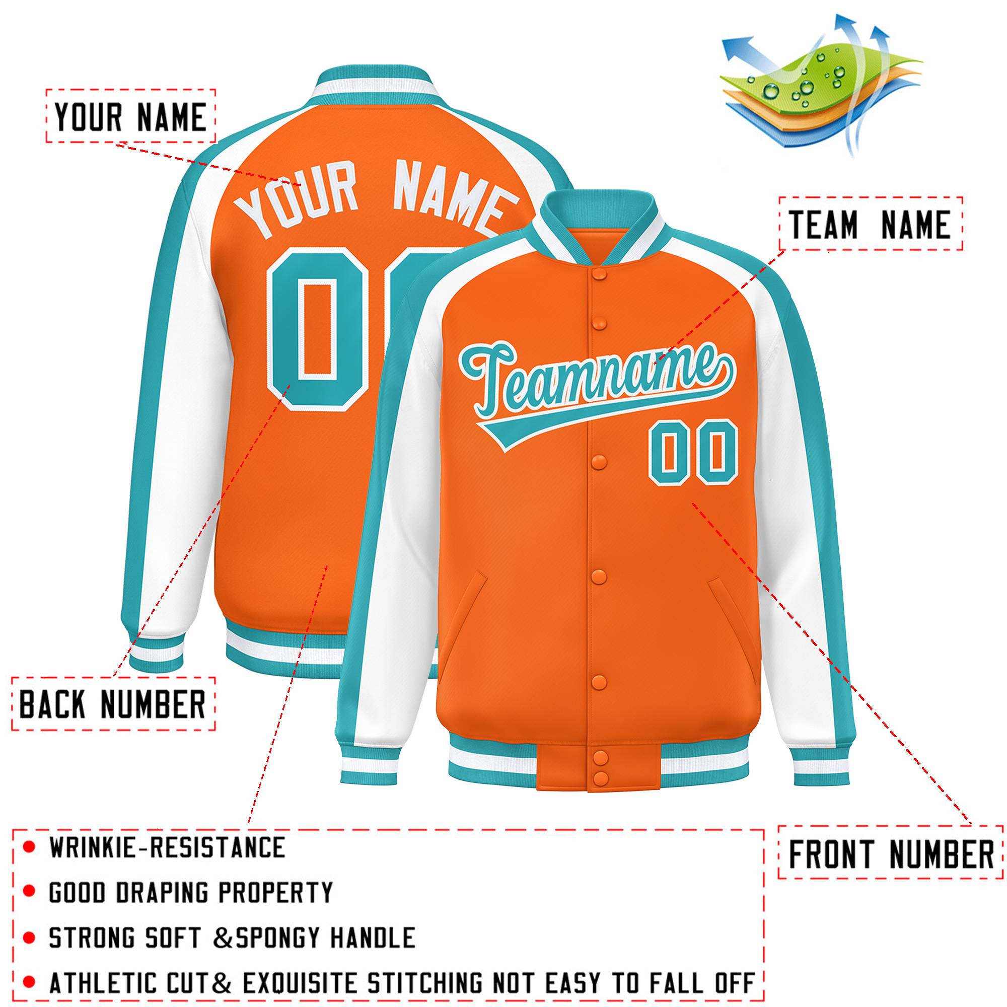 Custom Orange White Varsity Full-Snap Color Block Personalized Raglan Sleeves Letterman Jacket