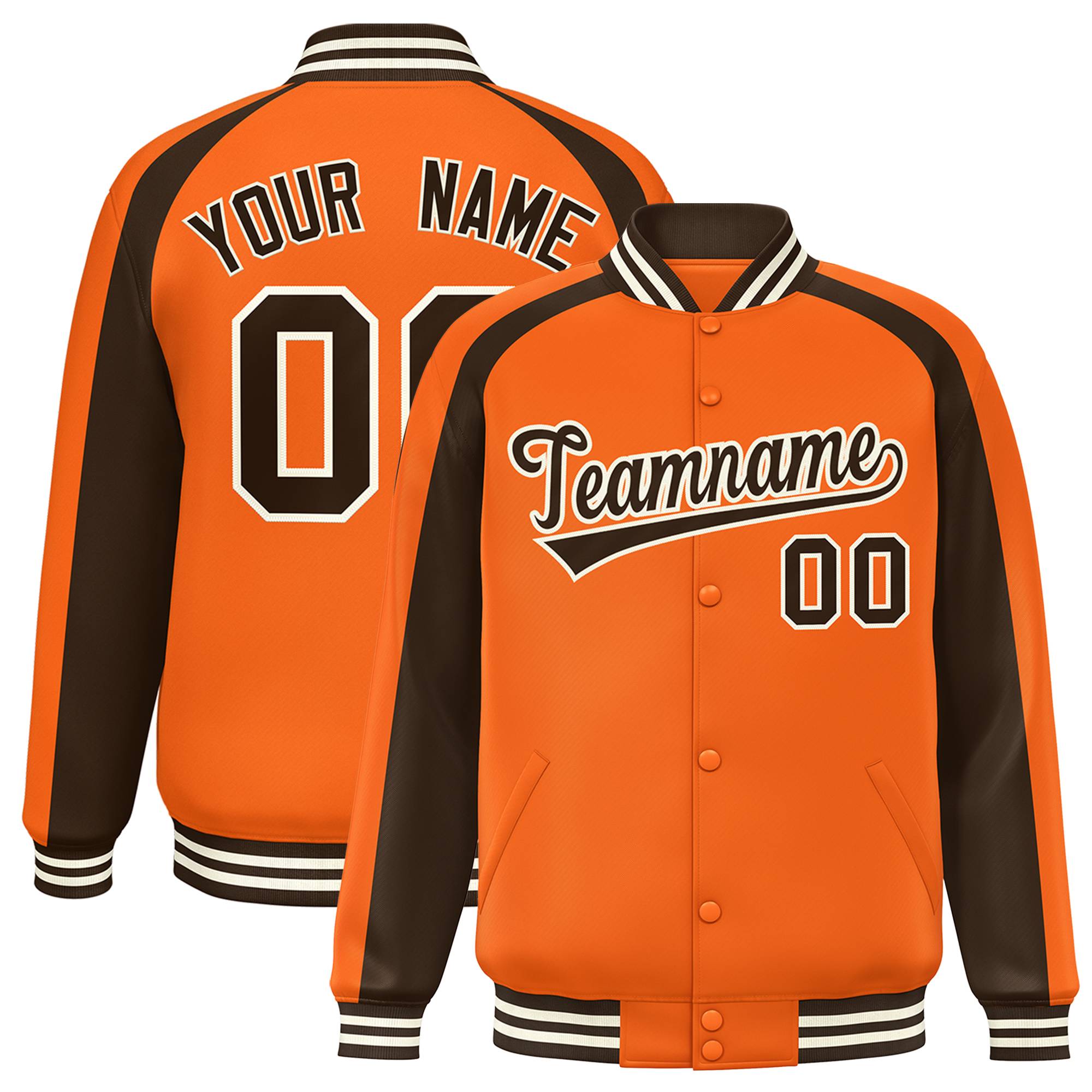 Custom Orange Brown Varsity Full-Snap Color Block Personalized Raglan Sleeves Letterman Jacket