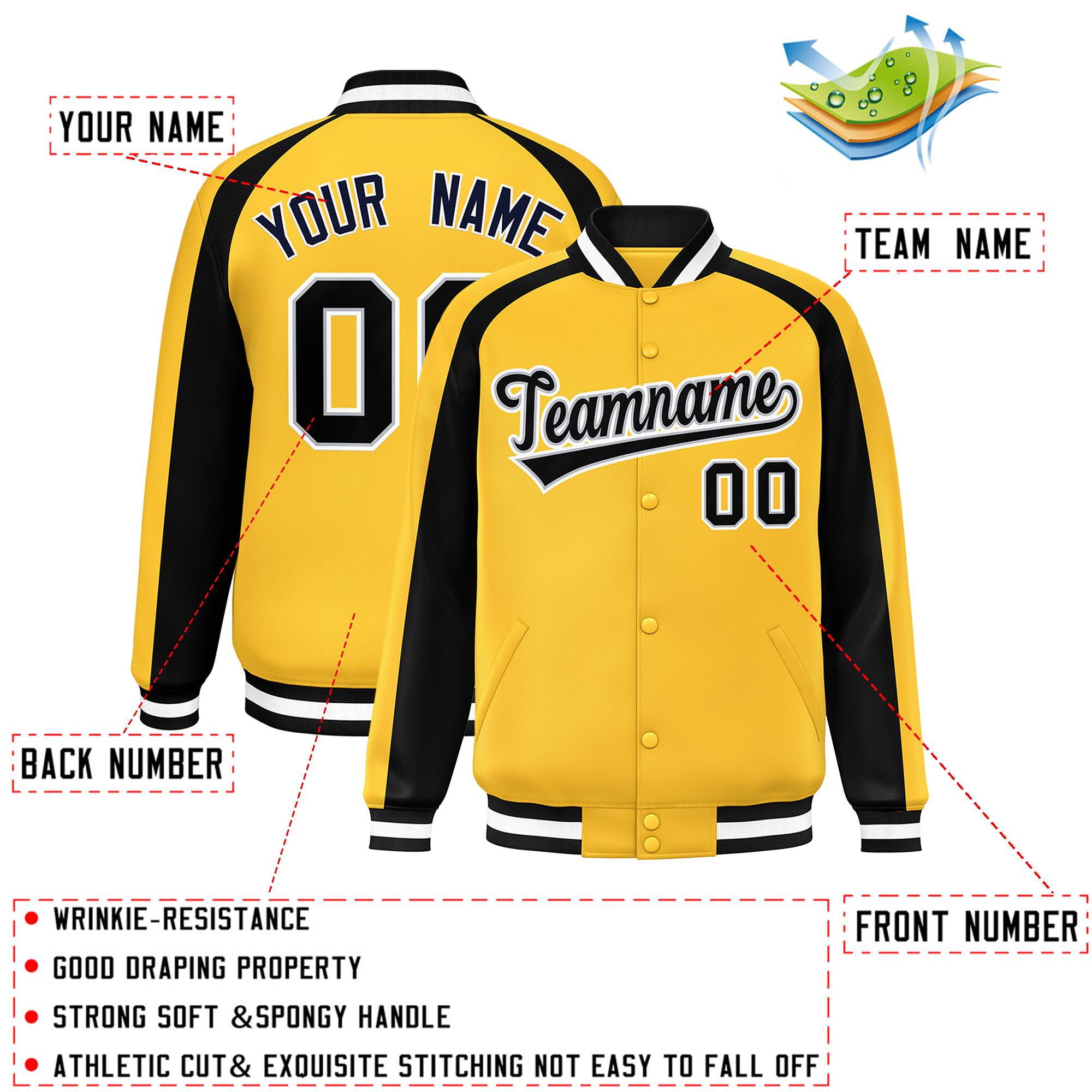 Custom Gold Black Varsity Full-Snap Color Block Personalized Raglan Sleeves Letterman Jacket