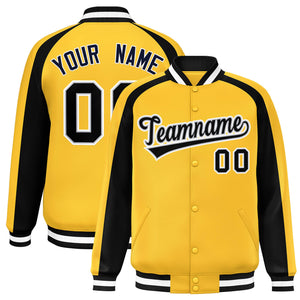 Custom Gold Black Varsity Full-Snap Color Block Personalized Raglan Sleeves Letterman Jacket