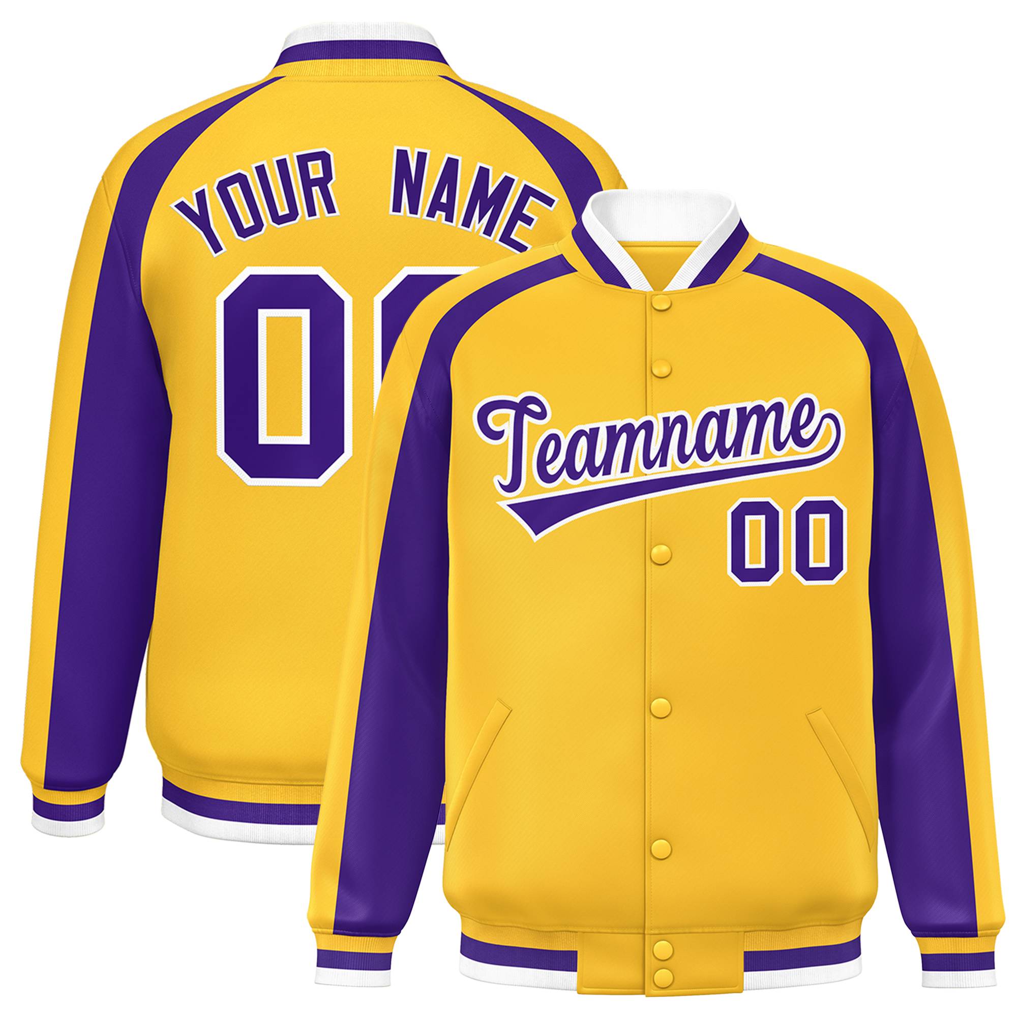 Custom Gold Purple Varsity Full-Snap Color Block Personalized Raglan Sleeves Letterman Jacket