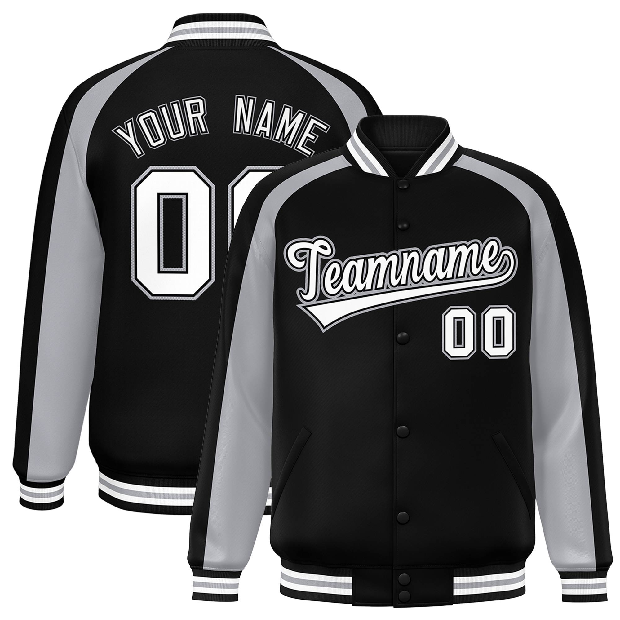 Custom Black Gray Varsity Full-Snap Color Block Personalized Raglan Sleeves Letterman Jacket