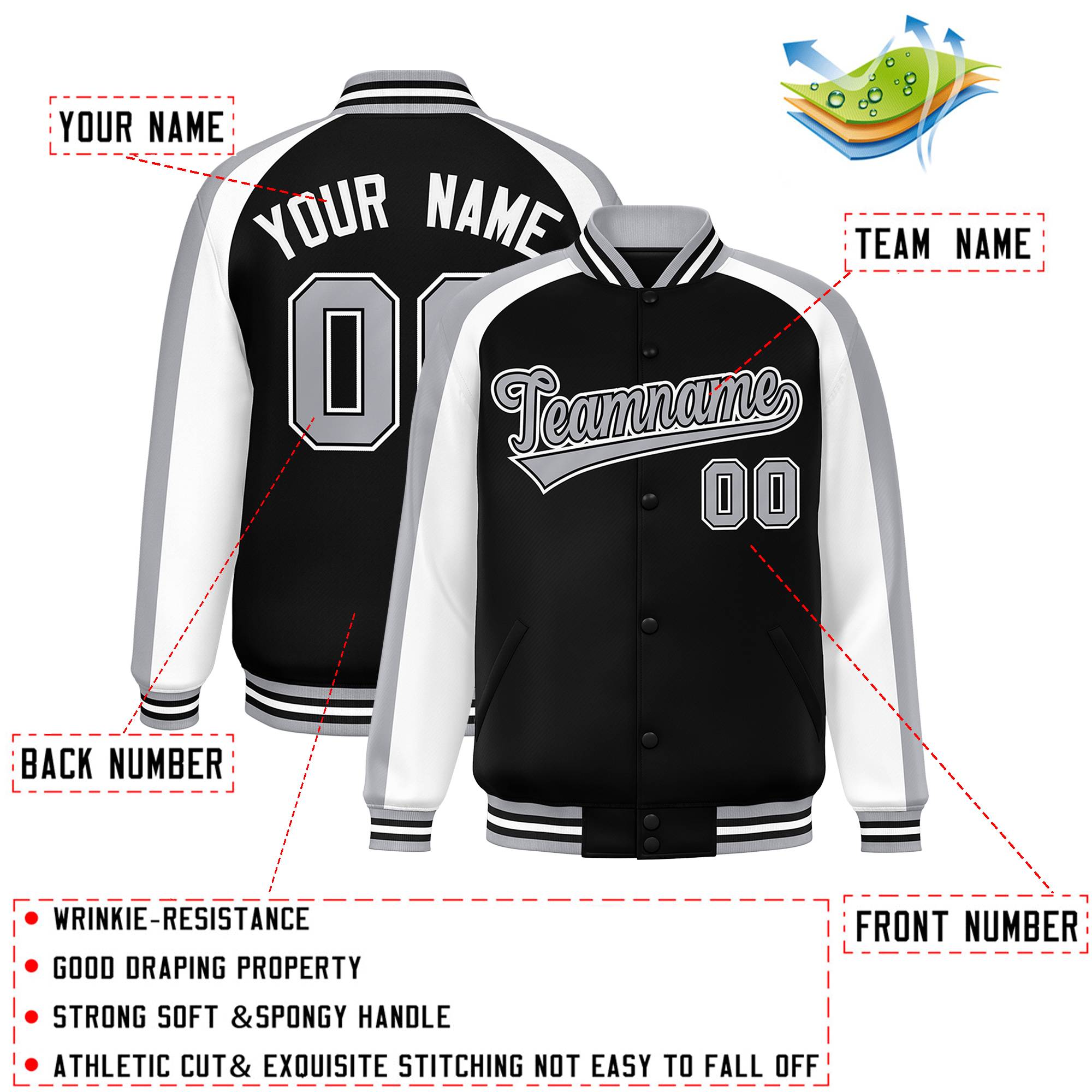 Custom Black White Varsity Full-Snap Color Block Personalized Raglan Sleeves Letterman Jacket