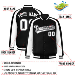 Custom Black White Varsity Full-Snap Color Block Personalized Raglan Sleeves Letterman Jacket