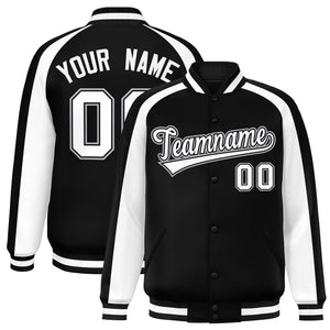 Custom Black White Varsity Full-Snap Color Block Personalized Raglan Sleeves Letterman Jacket