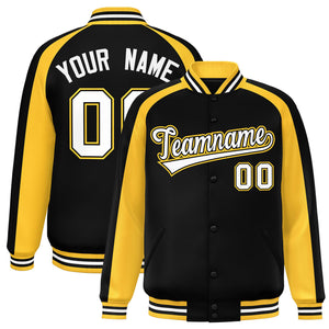 Custom Black Gold Varsity Full-Snap Color Block Personalized Raglan Sleeves Letterman Jacket