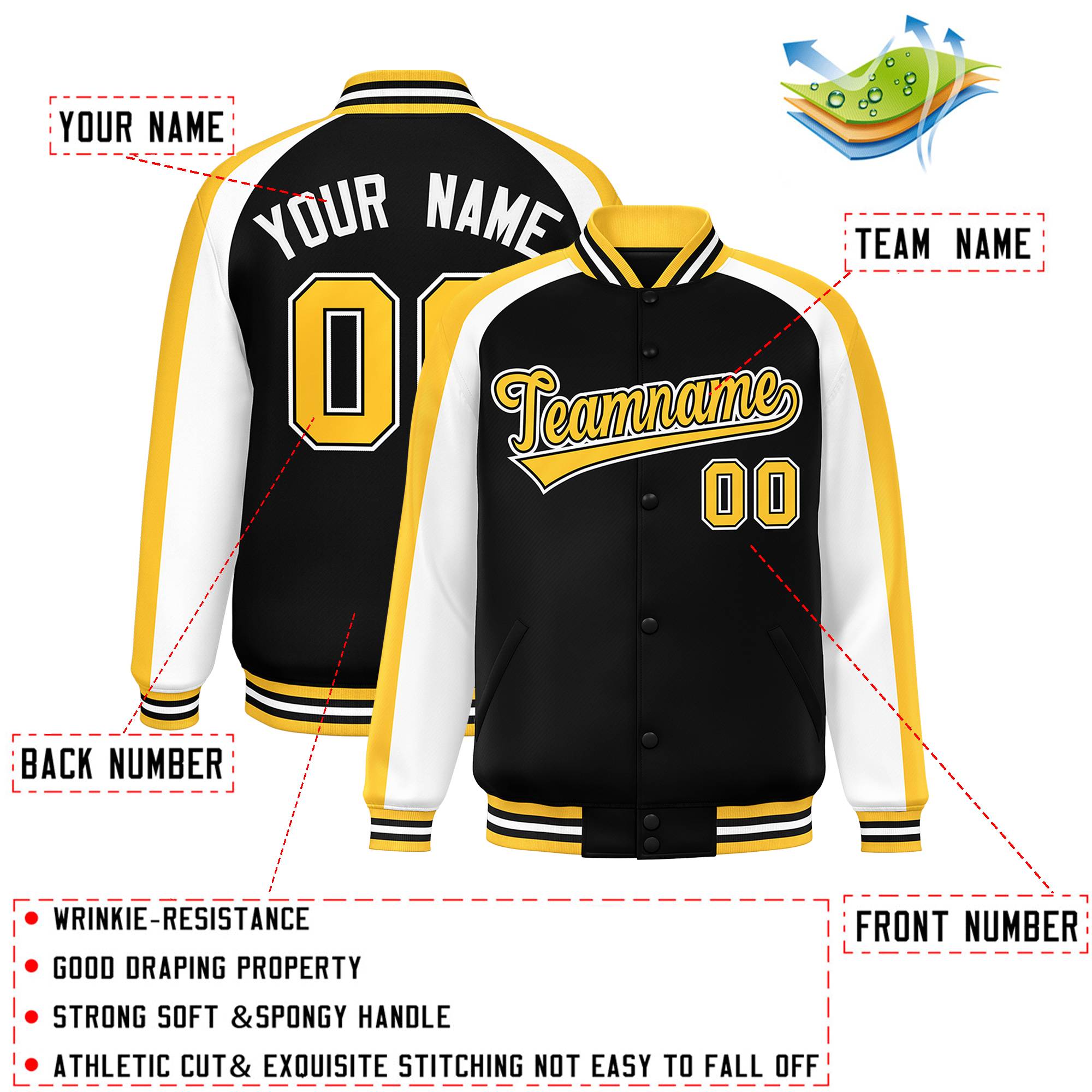 Custom Black White Varsity Full-Snap Color Block Personalized Raglan Sleeves Letterman Jacket