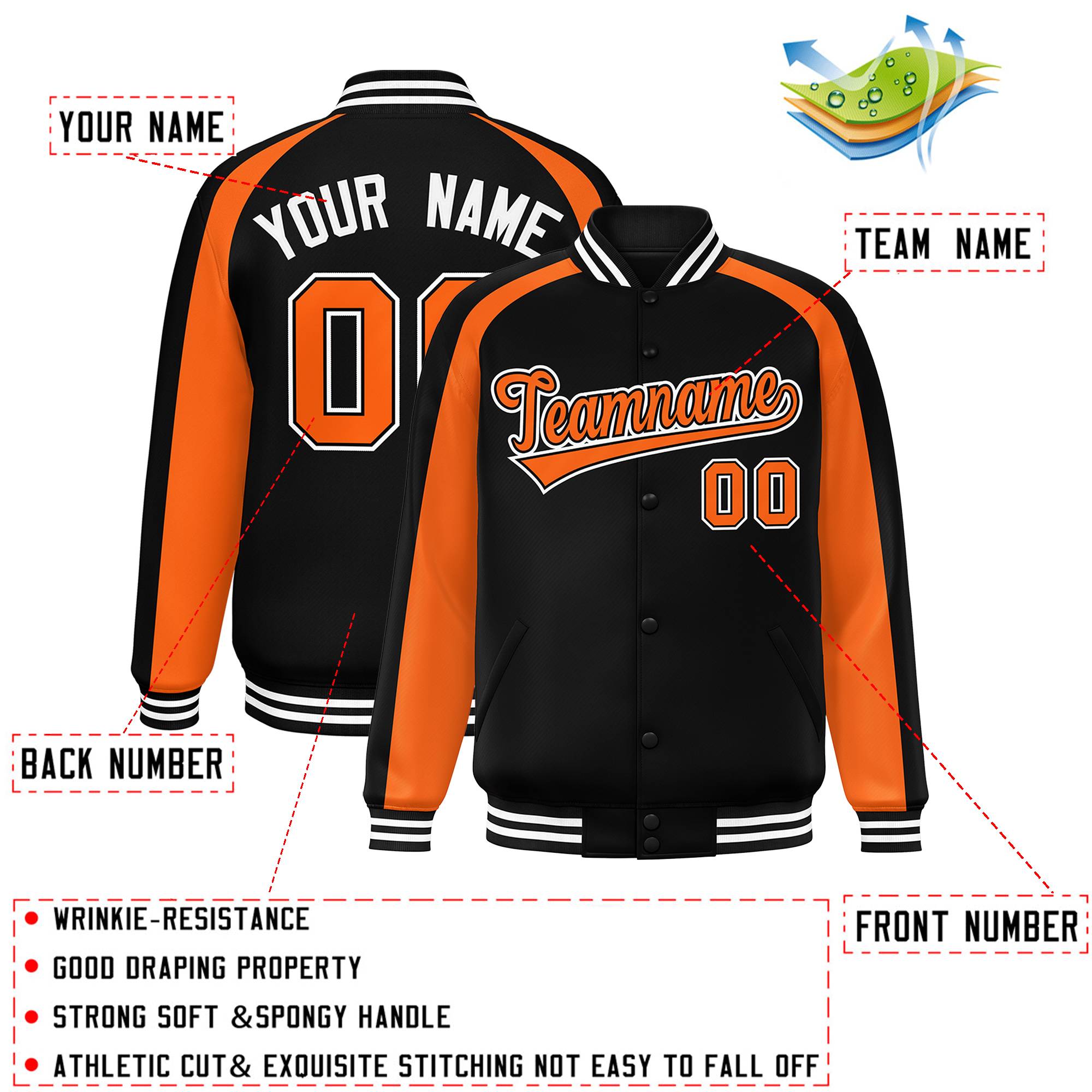 Custom Black Orange Varsity Full-Snap Color Block Personalized Raglan Sleeves Letterman Jacket