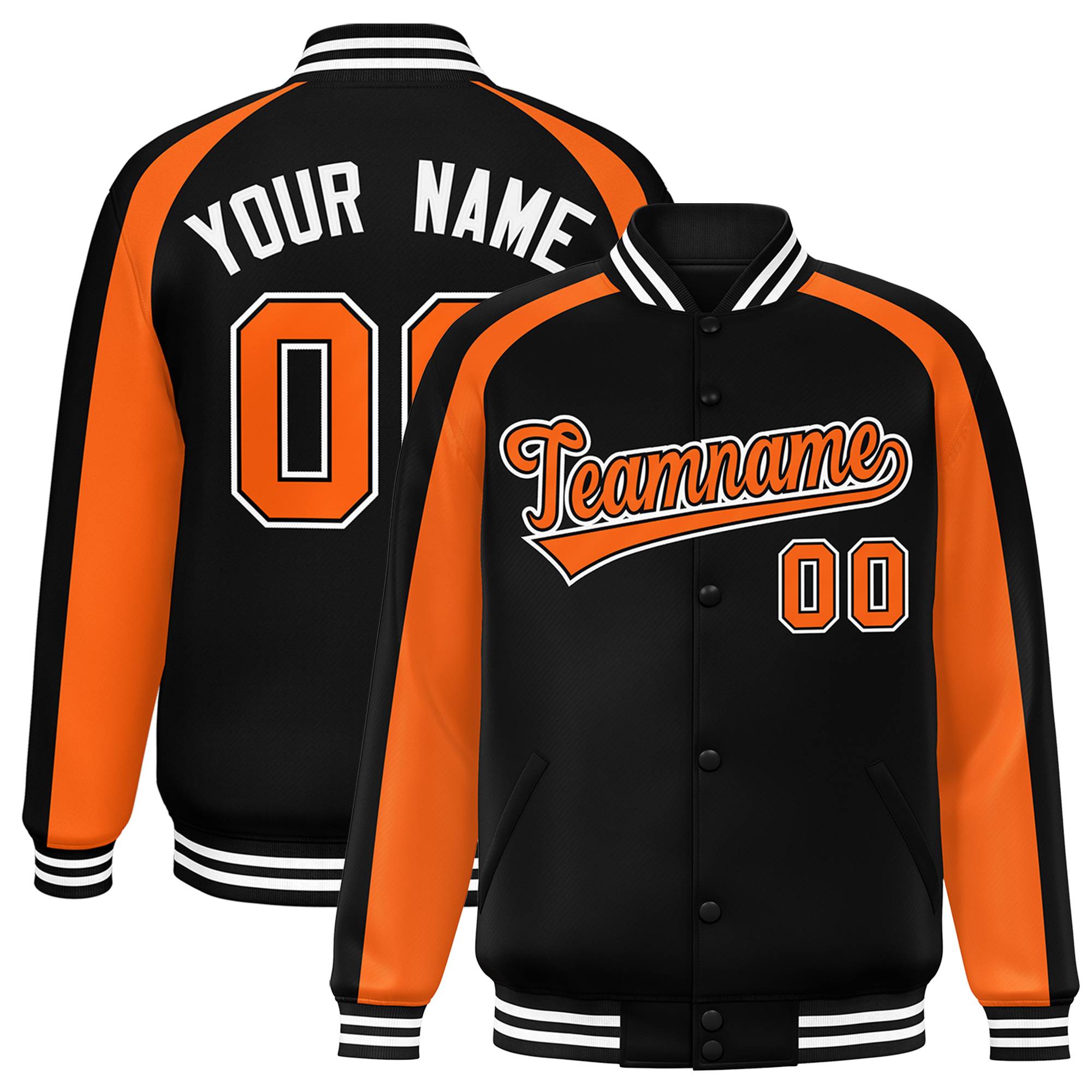 Custom Black Orange Varsity Full-Snap Color Block Personalized Raglan Sleeves Letterman Jacket