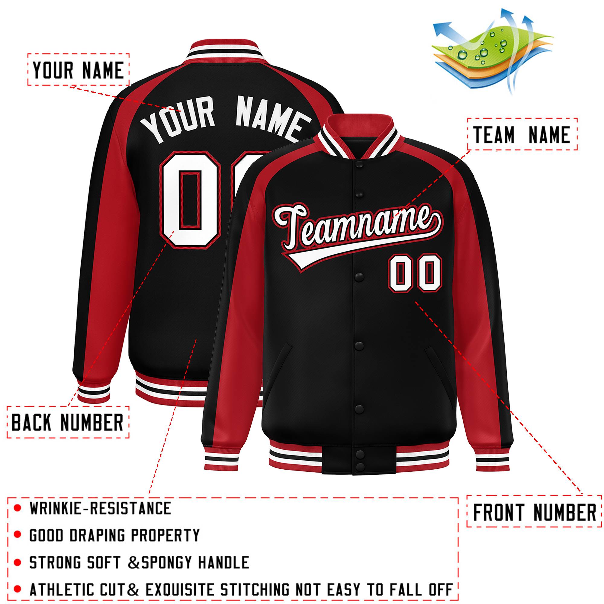 Custom Black Red Varsity Full-Snap Color Block Personalized Raglan Sleeves Letterman Jacket