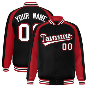 Custom Black Red Varsity Full-Snap Color Block Personalized Raglan Sleeves Letterman Jacket