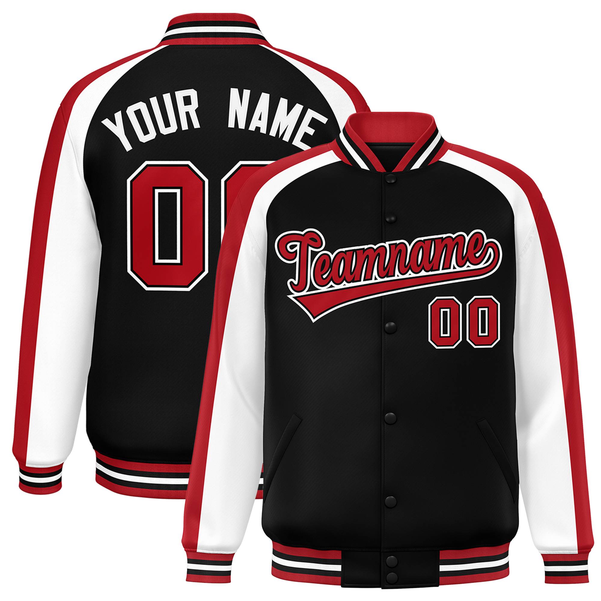 Custom Black White Varsity Full-Snap Color Block Personalized Raglan Sleeves Letterman Jacket