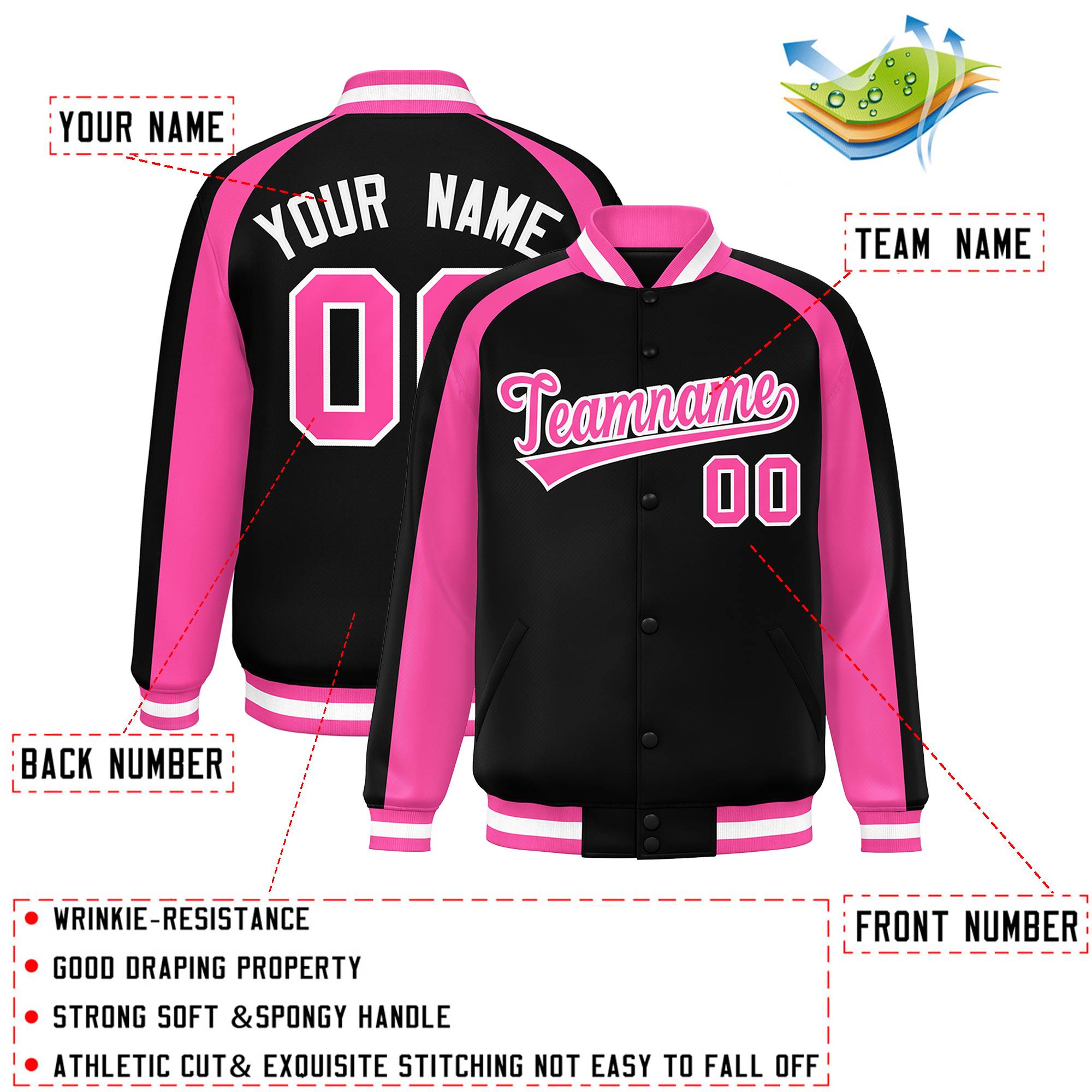 Custom Black Pink Varsity Full-Snap Color Block Personalized Raglan Sleeves Letterman Jacket