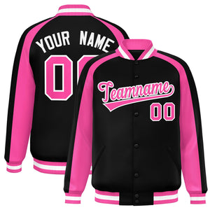 Custom Black Pink Varsity Full-Snap Color Block Personalized Raglan Sleeves Letterman Jacket