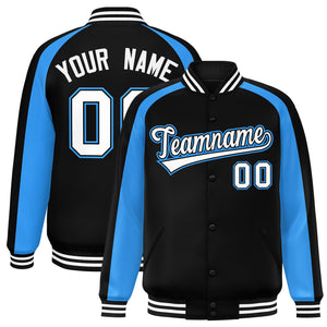 Custom Black Powder Blue Varsity Full-Snap Color Block Personalized Raglan Sleeves Letterman Jacket