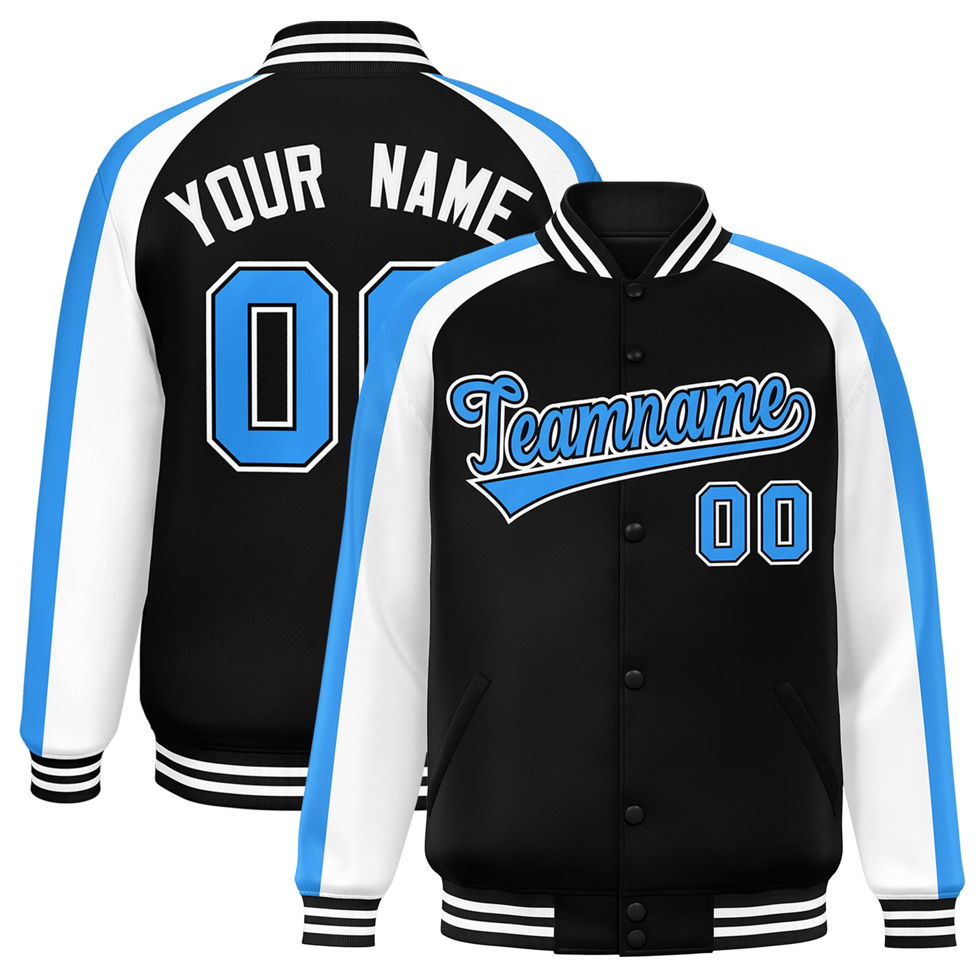 Custom Black White Varsity Full-Snap Color Block Personalized Raglan Sleeves Letterman Jacket