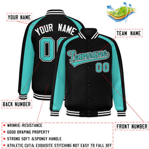 Custom Black Bright Green Varsity Full-Snap Color Block Personalized Raglan Sleeves Letterman Jacket