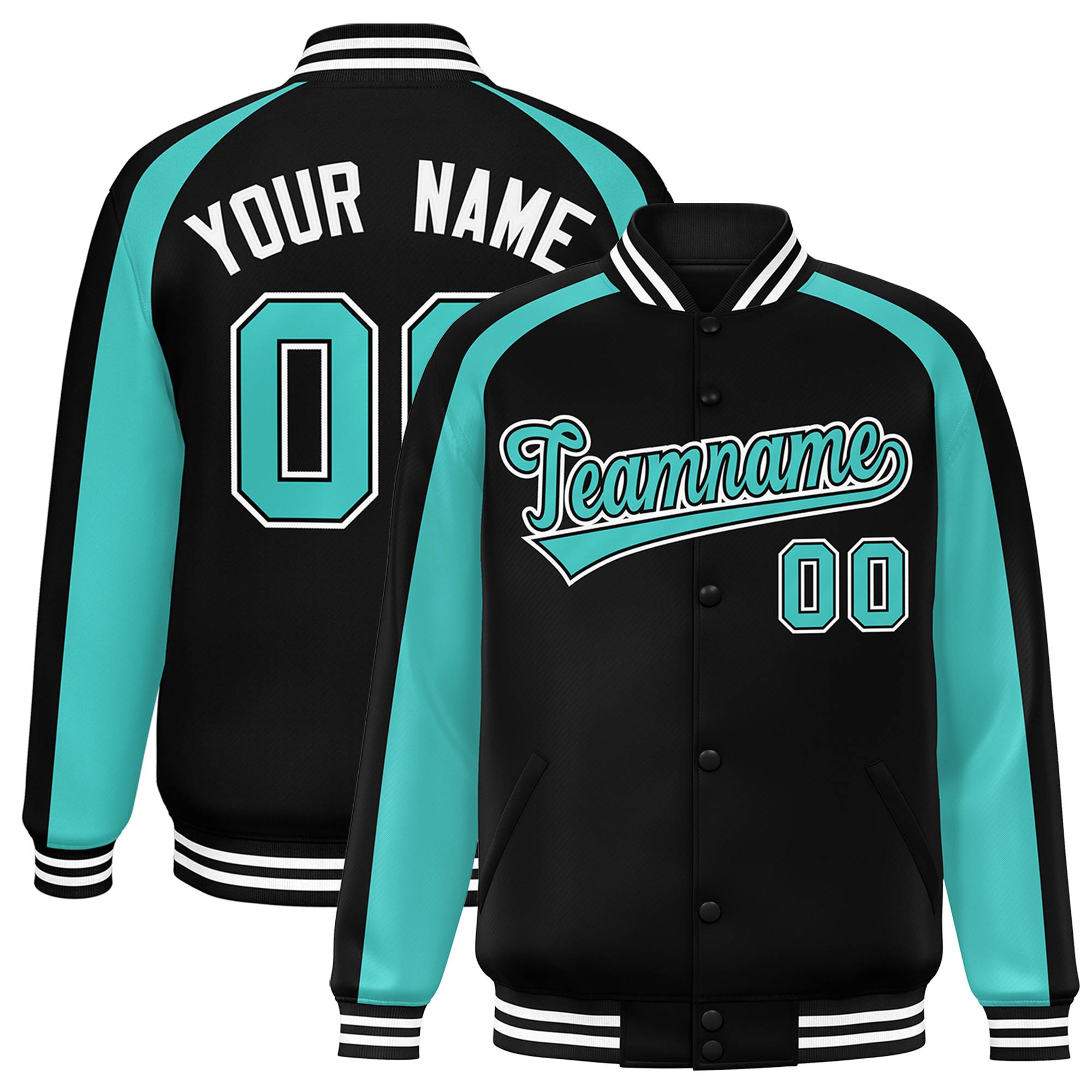 Custom Black Bright Green Varsity Full-Snap Color Block Personalized Raglan Sleeves Letterman Jacket