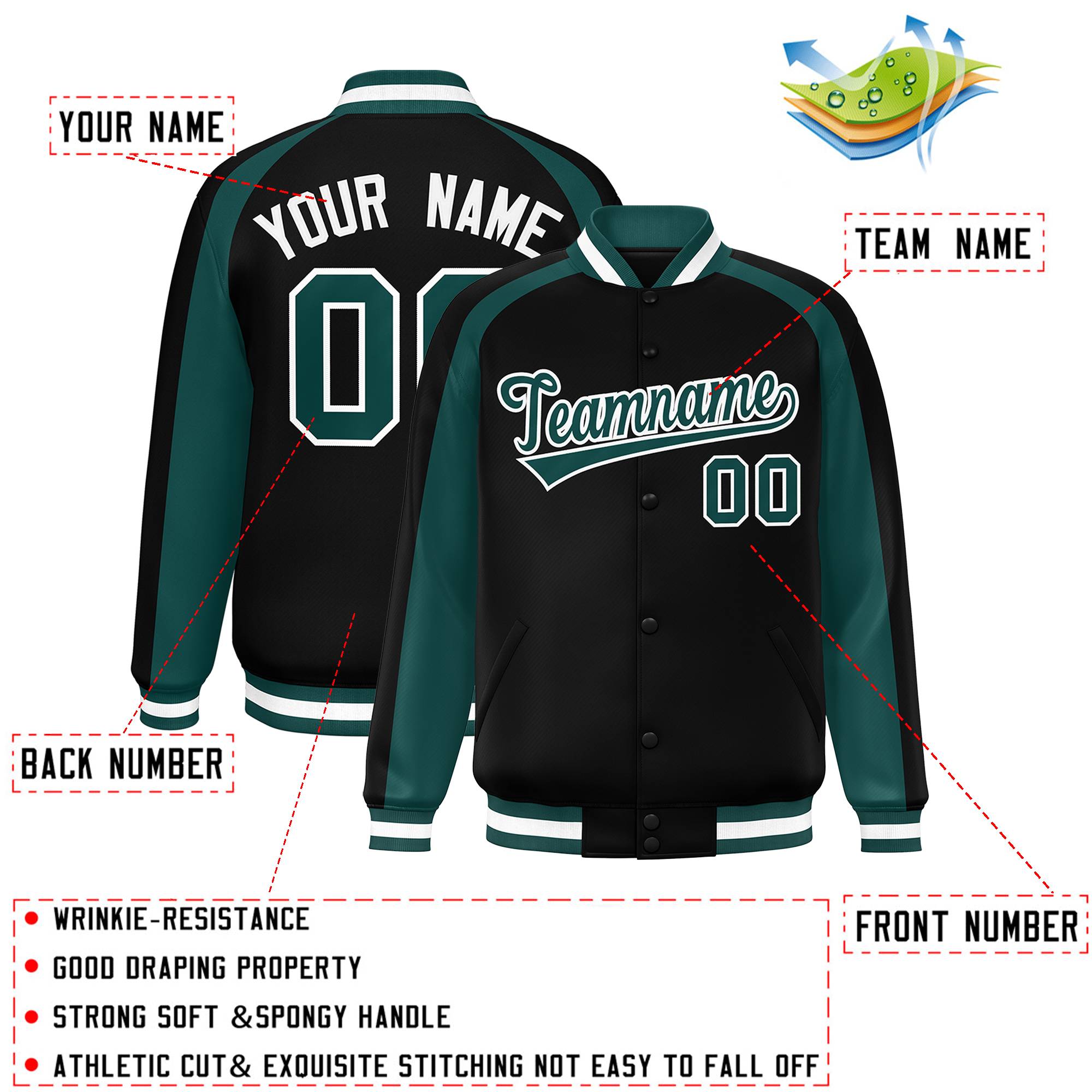 Custom Black Aqua Varsity Full-Snap Color Block Personalized Raglan Sleeves Letterman Jacket