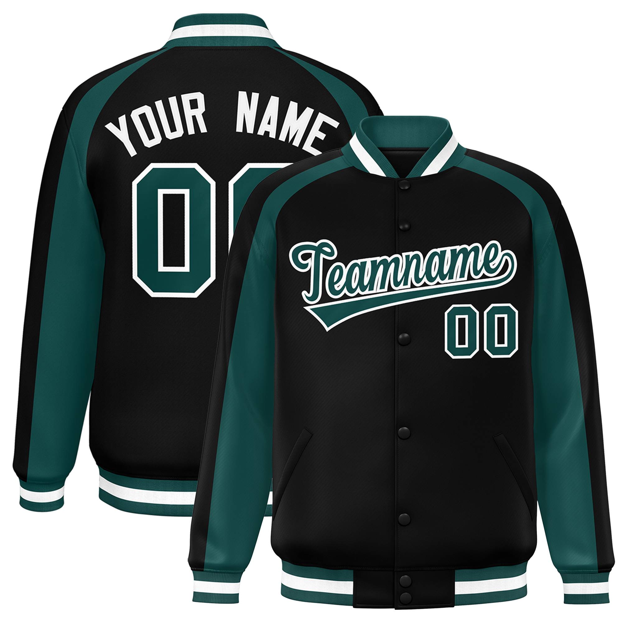 Custom Black Aqua Varsity Full-Snap Color Block Personalized Raglan Sleeves Letterman Jacket