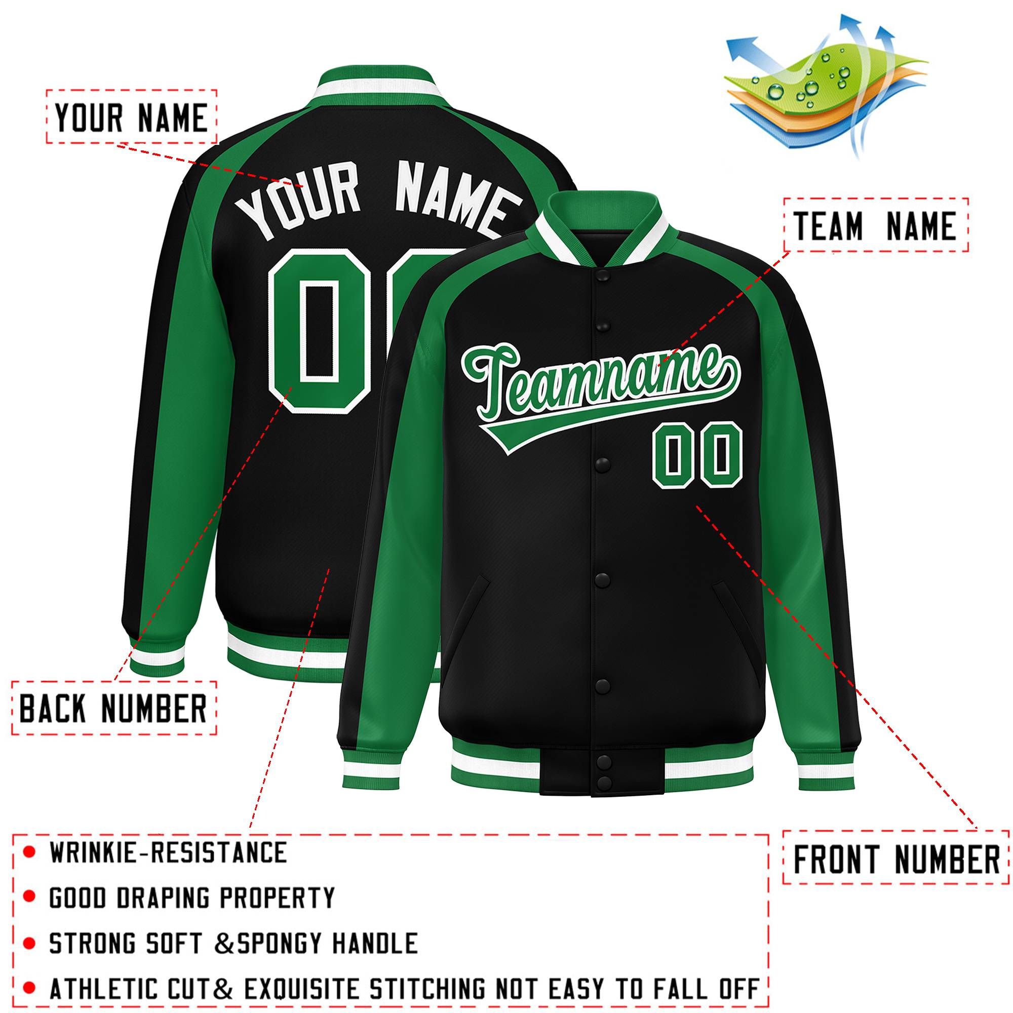 Custom Black Kelly Green Varsity Full-Snap Color Block Personalized Raglan Sleeves Letterman Jacket