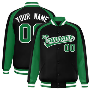 Custom Black Kelly Green Varsity Full-Snap Color Block Personalized Raglan Sleeves Letterman Jacket