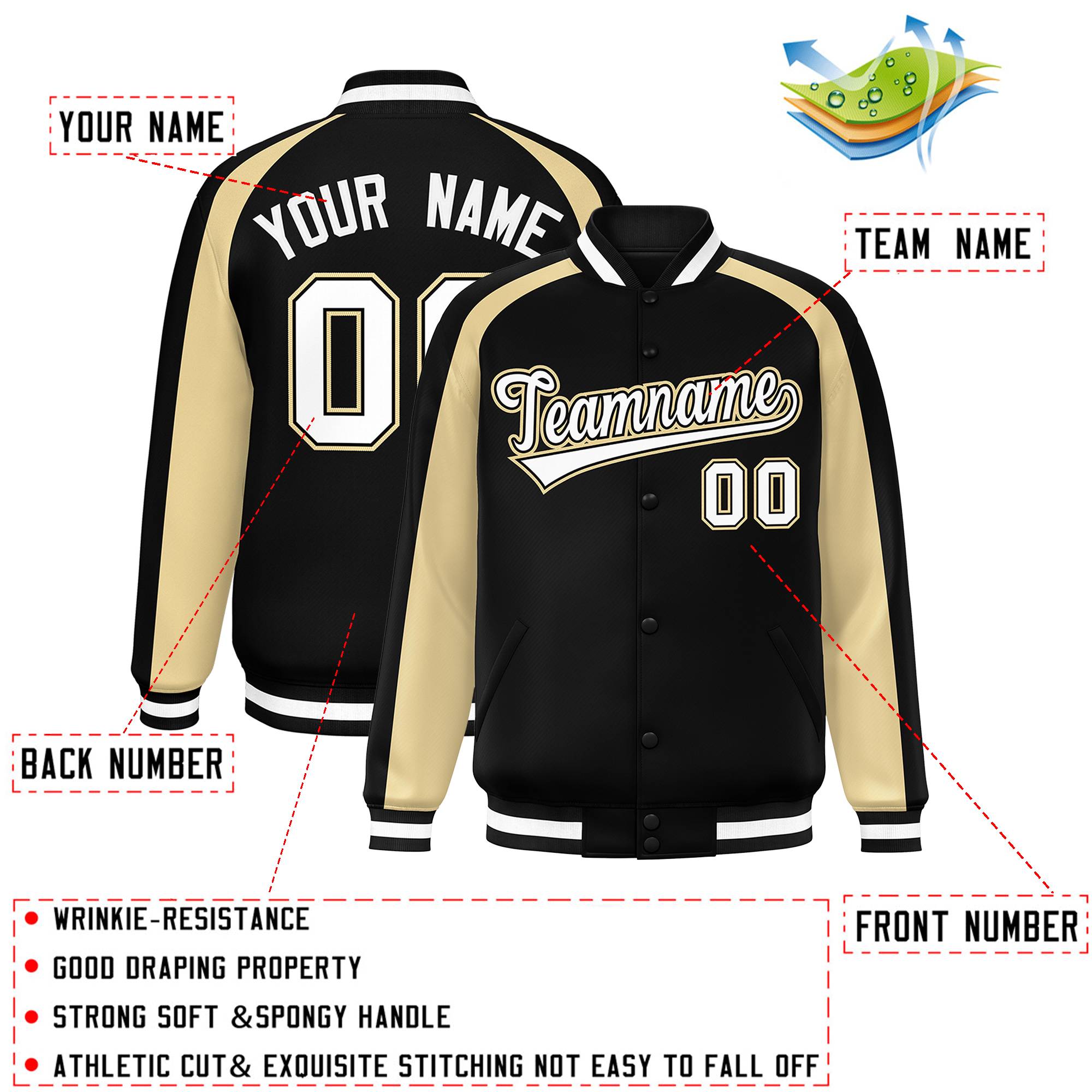 Custom Black Khaki Varsity Full-Snap Color Block Personalized Raglan Sleeves Letterman Jacket