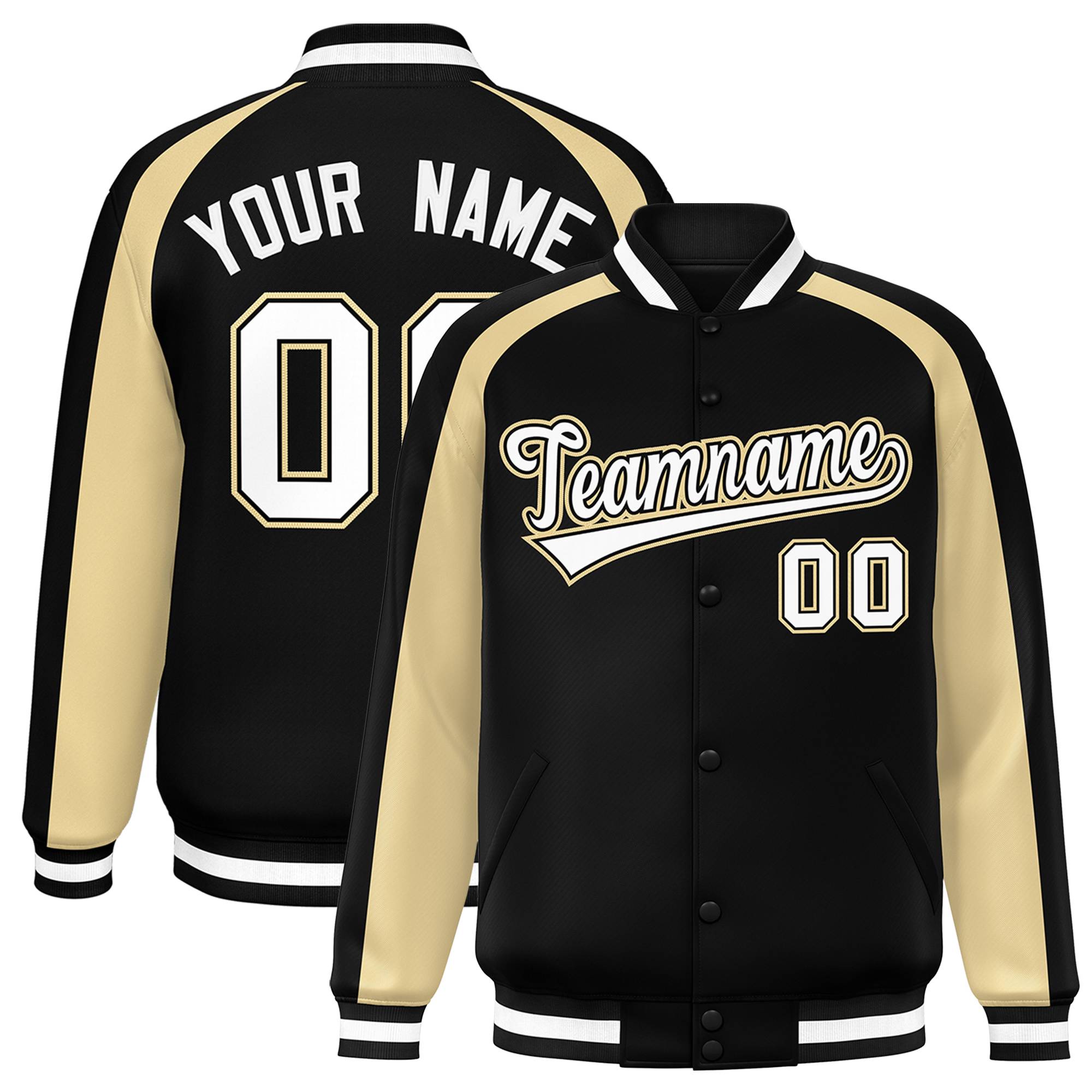 Custom Black Khaki Varsity Full-Snap Color Block Personalized Raglan Sleeves Letterman Jacket