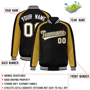 Custom Black Old Gold Varsity Full-Snap Color Block Personalized Raglan Sleeves Letterman Jacket