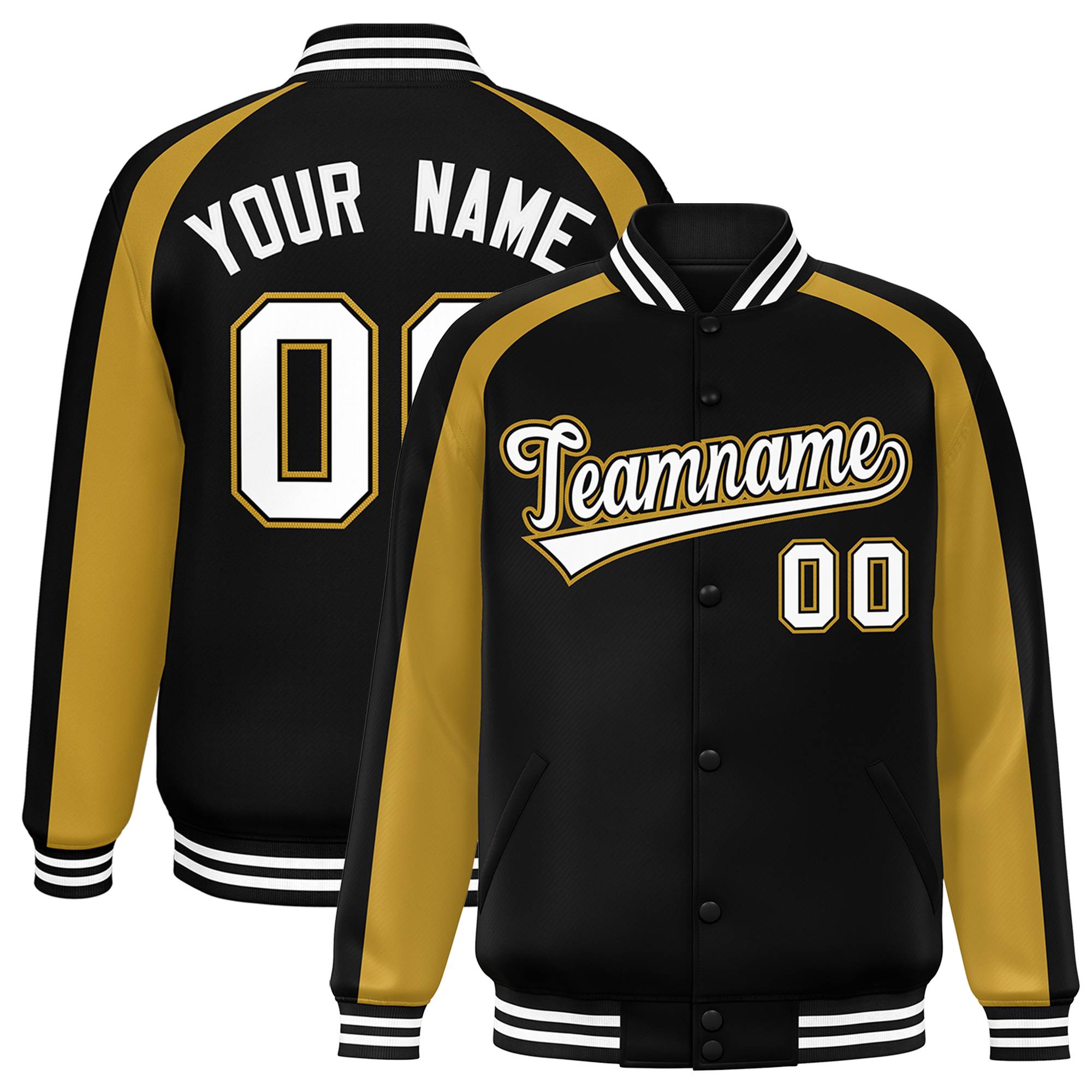 Custom Black Old Gold Varsity Full-Snap Color Block Personalized Raglan Sleeves Letterman Jacket