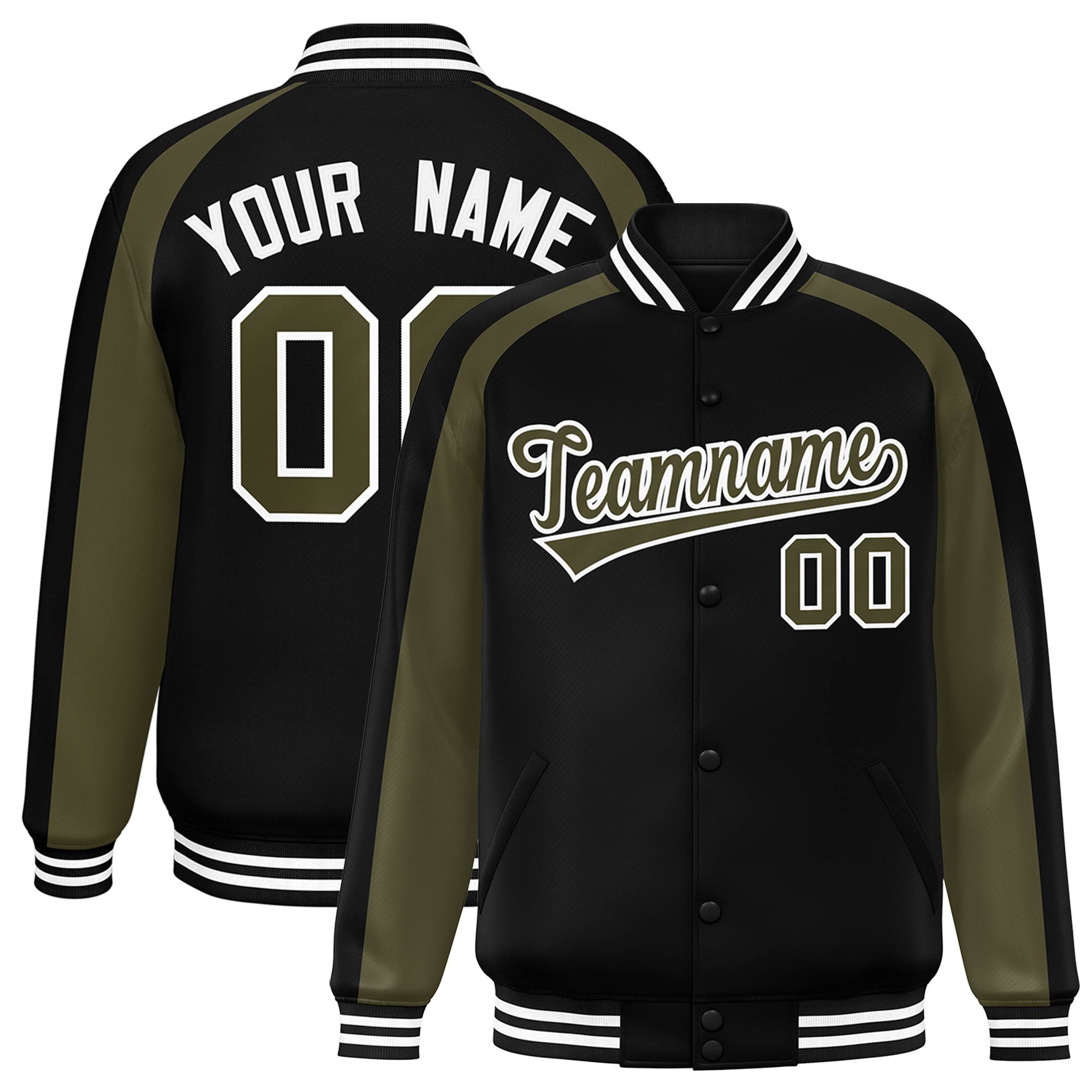 Custom Black Olive Varsity Full-Snap Color Block Personalized Raglan Sleeves Letterman Jacket