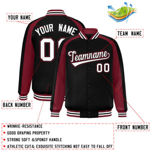 Custom Black Crimson Varsity Full-Snap Color Block Personalized Raglan Sleeves Letterman Jacket