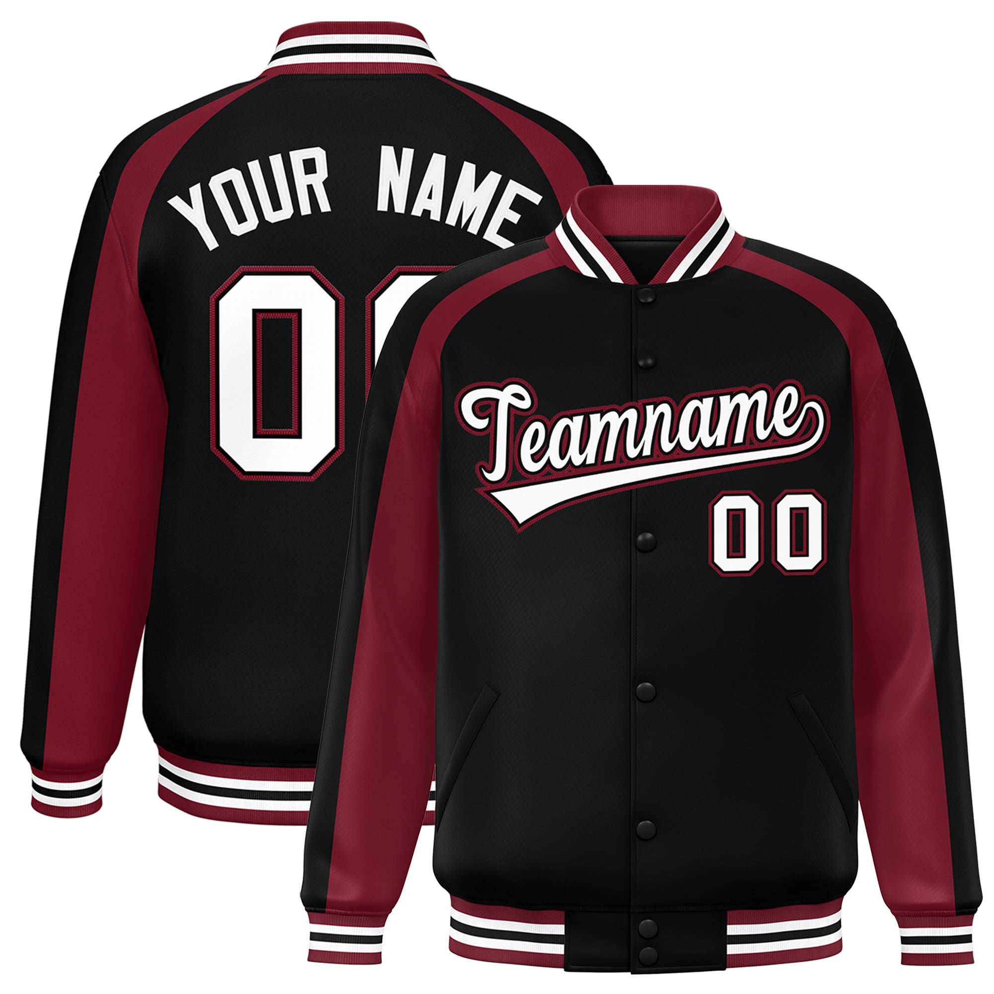 Custom Black Crimson Varsity Full-Snap Color Block Personalized Raglan Sleeves Letterman Jacket