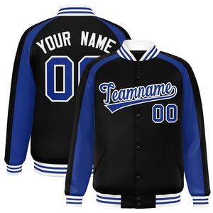 Custom Black Royal Varsity Full-Snap Color Block Personalized Raglan Sleeves Letterman Jacket