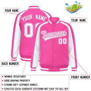 Custom Pink White Varsity Full-Snap Color Block Personalized Raglan Sleeves Letterman Jacket