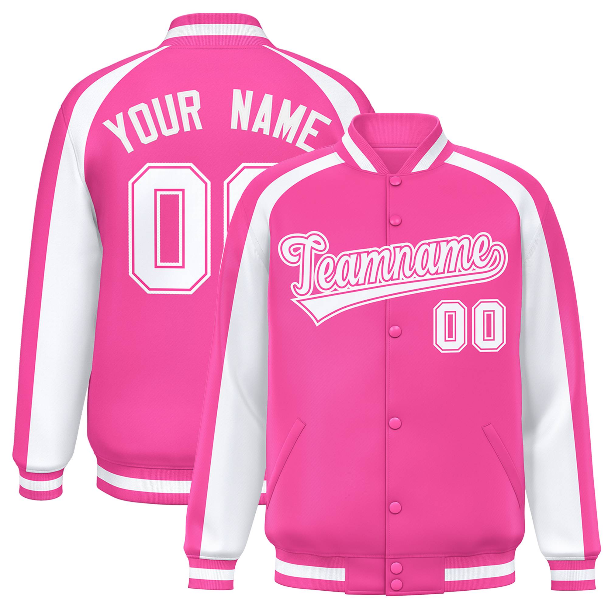 Custom Pink White Varsity Full-Snap Color Block Personalized Raglan Sleeves Letterman Jacket