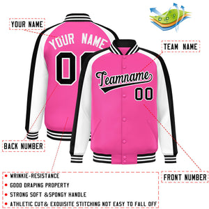 Custom Pink White Varsity Full-Snap Color Block Personalized Raglan Sleeves Letterman Jacket