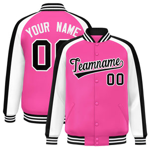 Custom Pink White Varsity Full-Snap Color Block Personalized Raglan Sleeves Letterman Jacket