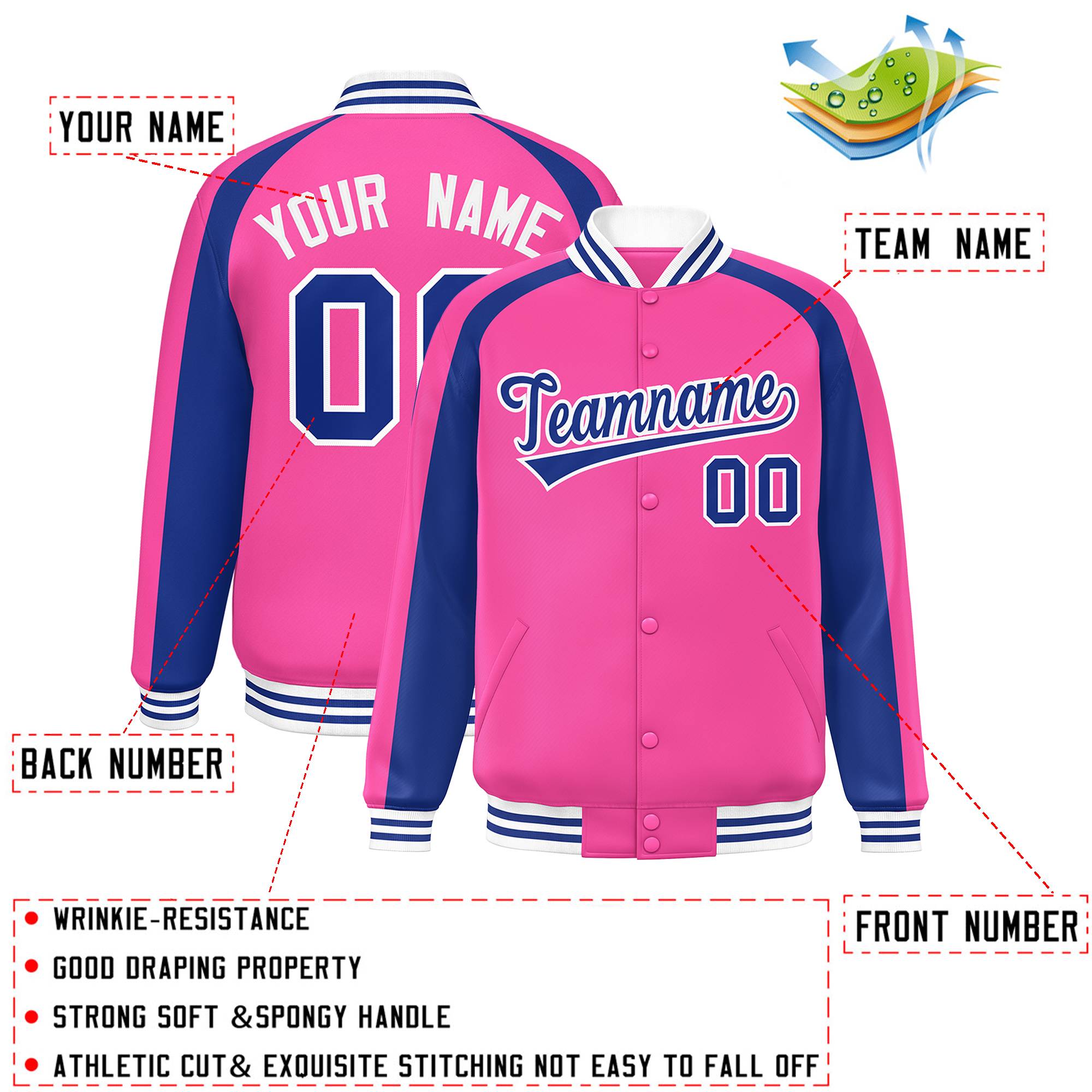 Custom Pink Royal Varsity Full-Snap Color Block Personalized Raglan Sleeves Letterman Jacket