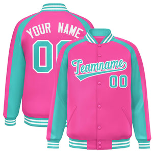 Custom Pink Neon Green Varsity Full-Snap Color Block Personalized Raglan Sleeves Letterman Jacket