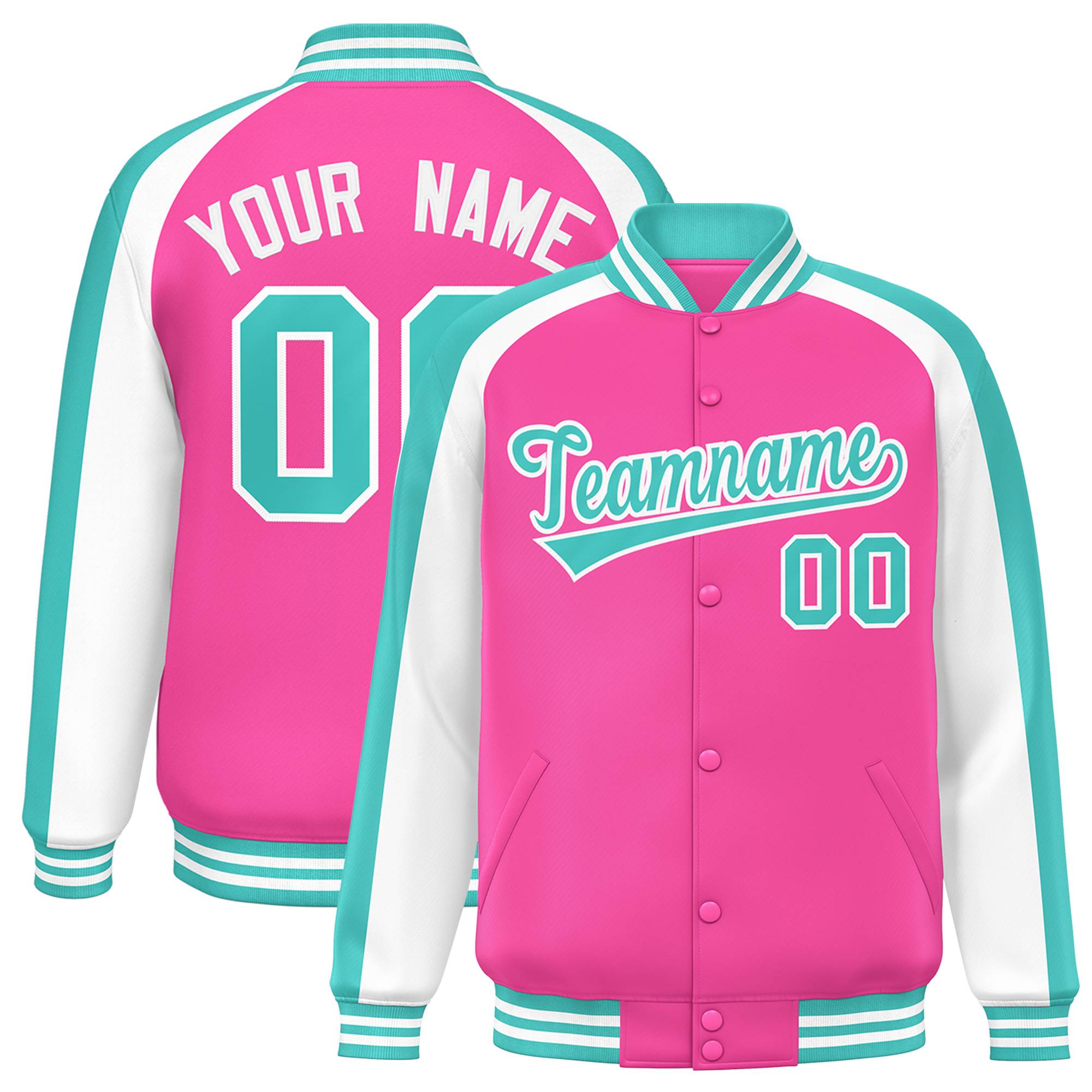 Custom Pink White Varsity Full-Snap Color Block Personalized Raglan Sleeves Letterman Jacket