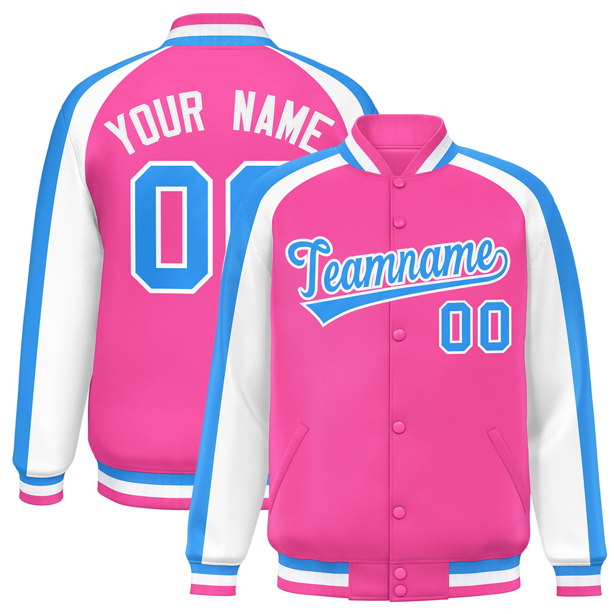 Custom Pink White Varsity Full-Snap Color Block Personalized Raglan Sleeves Letterman Jacket