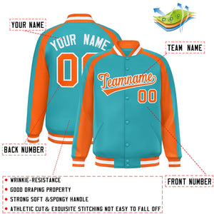 Custom Aqua Orange Varsity Full-Snap Color Block Personalized Raglan Sleeves Letterman Jacket