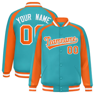 Custom Aqua Orange Varsity Full-Snap Color Block Personalized Raglan Sleeves Letterman Jacket